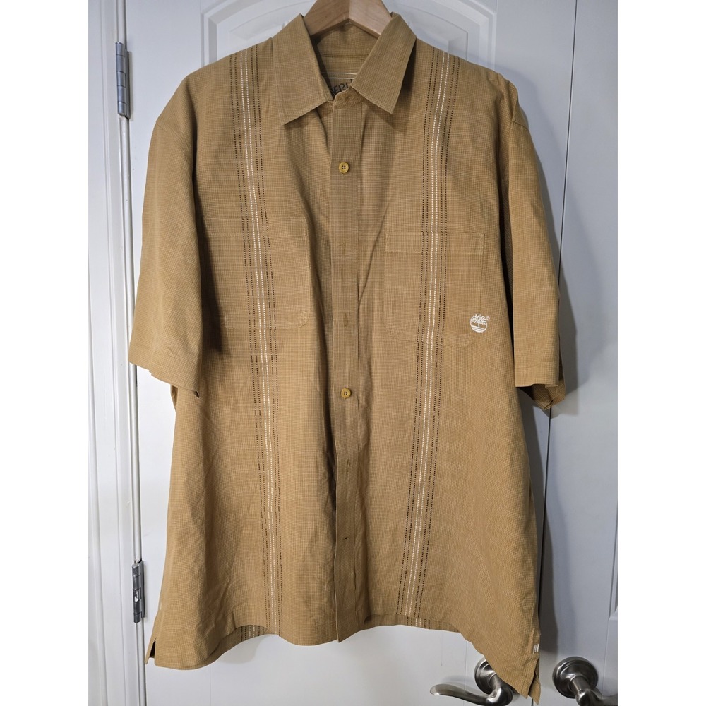 Timberland‎ Mens Short Sleeve Button Down Shirt Tan Cotton Guayabera Logo XL